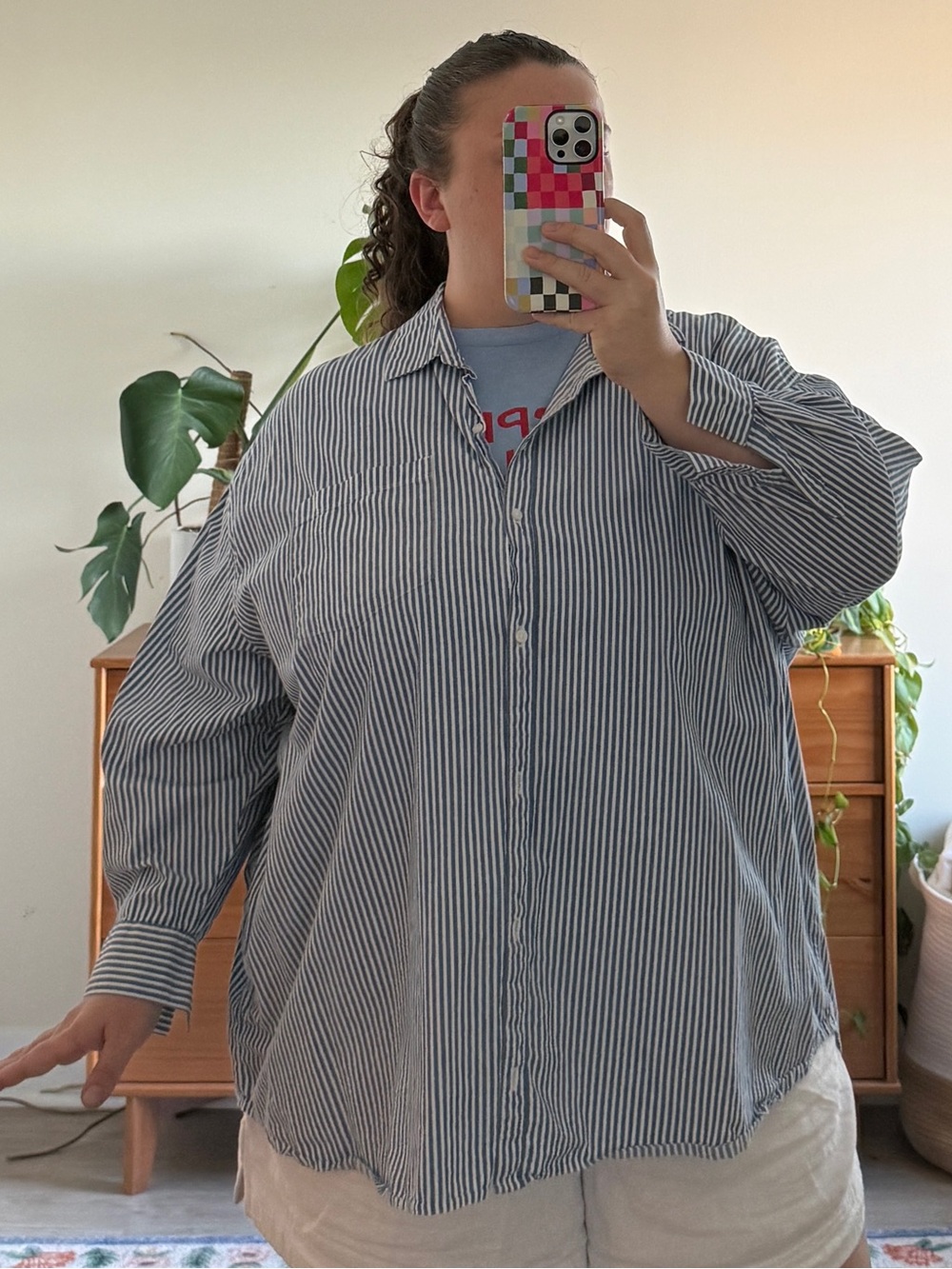 Old Navy blue and white pinstripe button down top
